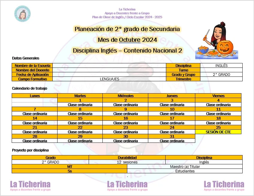Planeación Inglés Octubre Contenido 2 / 2° de Secundaria Ciclo 2024 2025