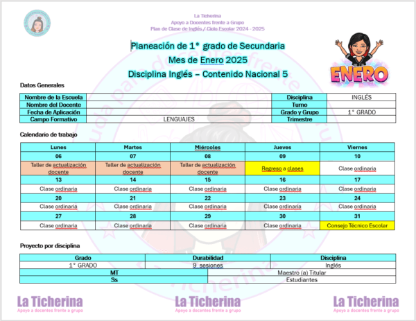 Planeación Inglés Enero Contenido 5 / 1° de Secundaria Ciclo 2024 - 2025