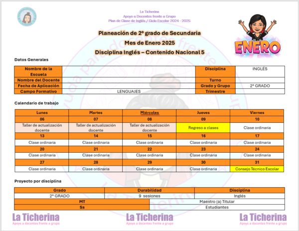 Planeación Inglés Enero Contenido 5 / 2° de Secundaria Ciclo 2024 - 2025