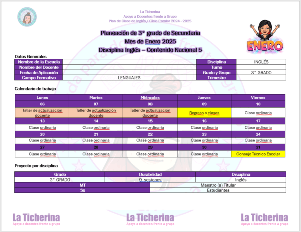 Planeación Inglés Enero Contenido 5 / 3° de Secundaria Ciclo 2024 - 2025