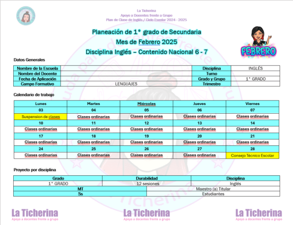 Planeación Inglés Febrero Contenido 6 - 7 / 1° de Secundaria Ciclo 2024 - 2025