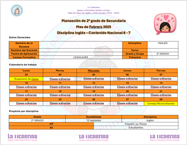 Planeación Inglés Febrero Contenido 6 - 7 / 2° de Secundaria Ciclo 2024 - 2025