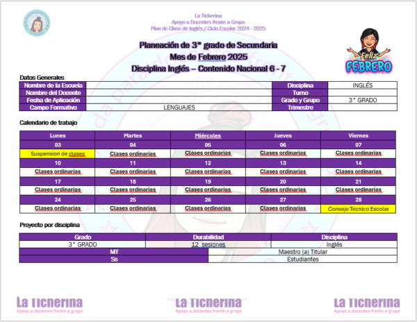 Planeación Inglés Febrero Contenido 6 - 7 / 3° de Secundaria Ciclo 2024 - 2025