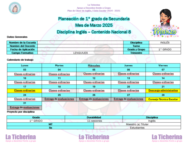 Planeación Inglés Marzo Contenido 8 / 1° de Secundaria Ciclo 2024 - 2025