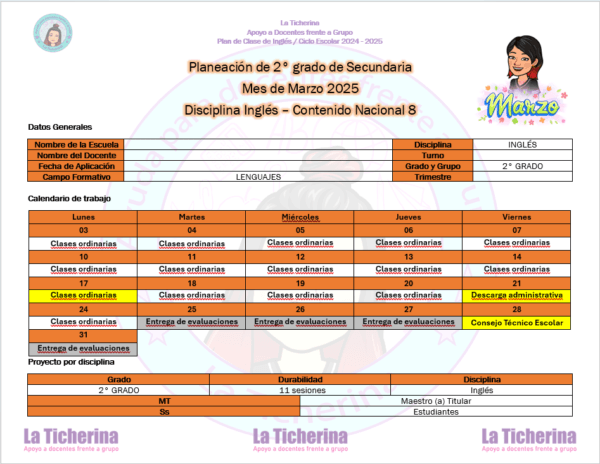 Planeación Inglés Marzo Contenido 8 / 2° de Secundaria Ciclo 2024 - 2025