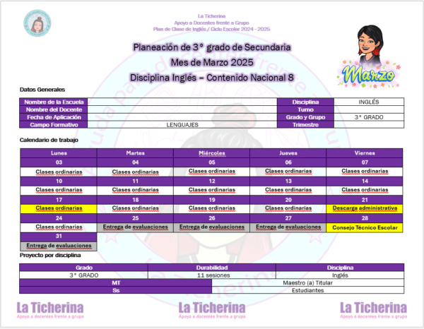 Planeación Inglés Marzo Contenido 8 / 3° de Secundaria Ciclo 2024 - 2025