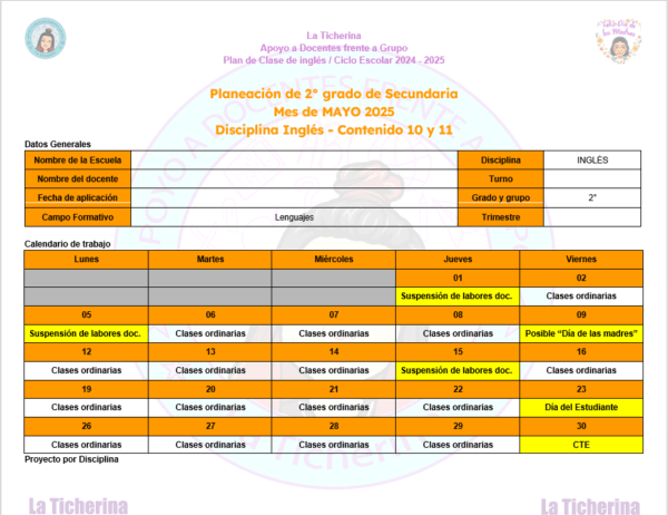 Planeación Inglés MAYO Contenido 10 y 11 / 2° de Secundaria Ciclo 2024 - 2025