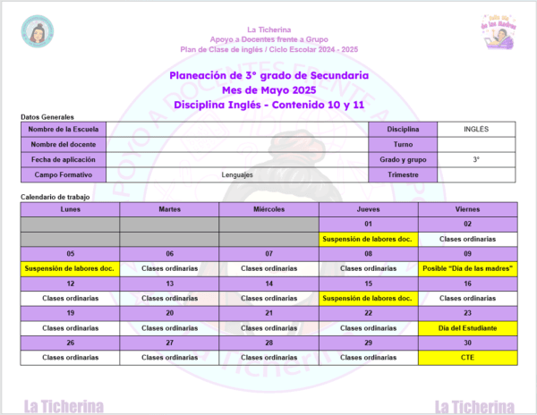 Planeación Inglés MAYO Contenido 10 y 11 / 3° de Secundaria Ciclo 2024 - 2025