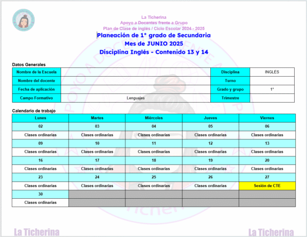 Planeación Inglés JUNIO Contenido 13 y 14 / 1° de Secundaria Ciclo 2024 - 2025