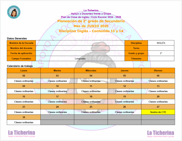 Planeación Inglés JUNIO Contenido 13 y 14 / 2° de Secundaria Ciclo 2024 - 2025