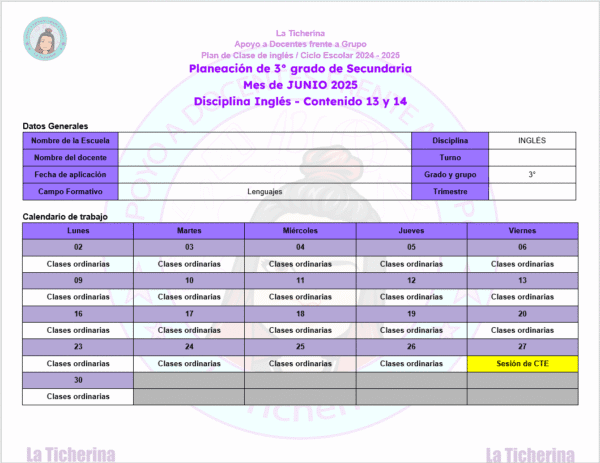Planeación Inglés JUNIO Contenido 13 y 14 / 3° de Secundaria Ciclo 2024 - 2025