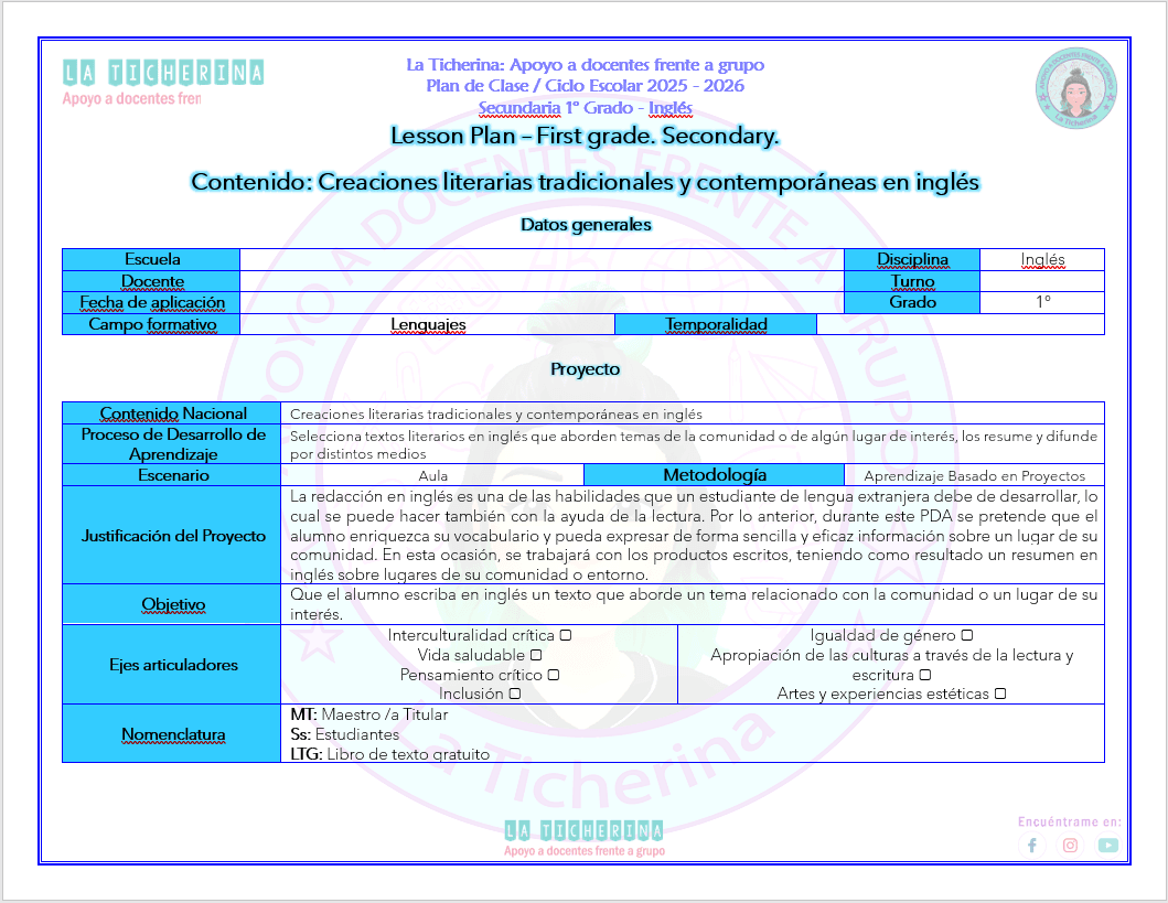 Planeación Inglés Contenido 8 / Creaciones literarias / 1° de Secundaria Ciclo 2025 - 2026