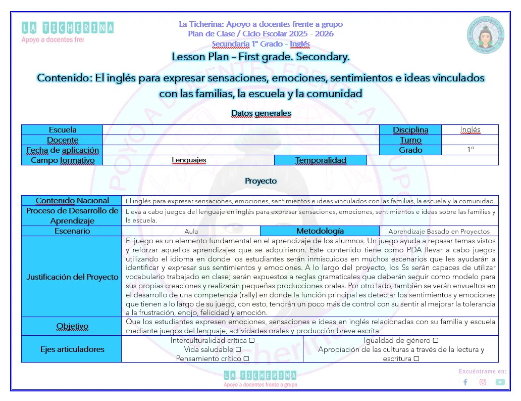 Planeación Inglés Contenido 9 / El inglés para expresar... / 1° de Secundaria Ciclo 2025 - 2026