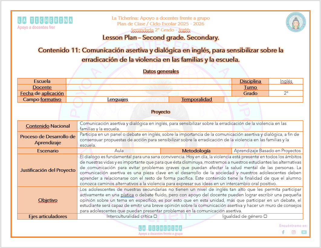 Planeación Inglés Contenido 11 / Comunicación asertiva… / 2° de Secundaria Ciclo 2025 – 2026