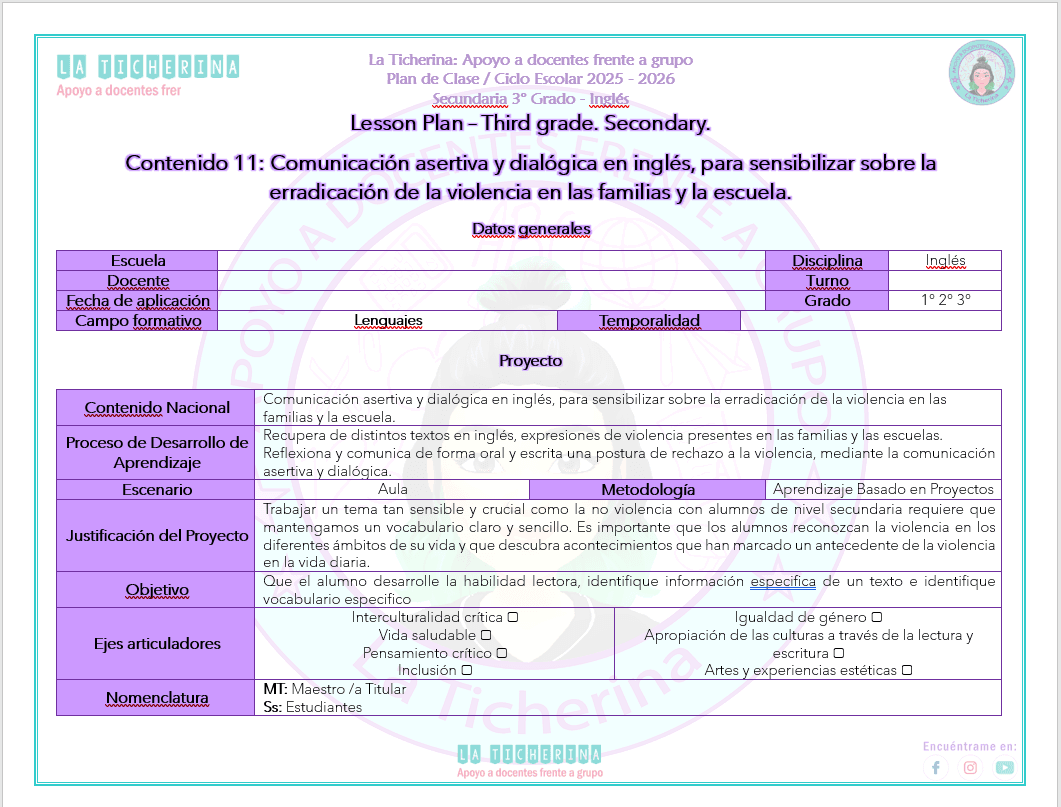 Planeación Inglés Contenido 11 / Comunicación asertiva… / 3° de Secundaria Ciclo 2025 – 2026