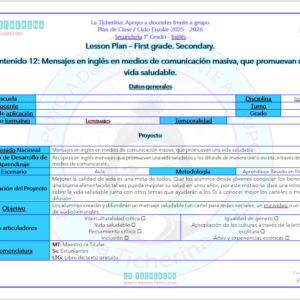Planeación Inglés Contenido 12 / Vida saludable... / 1° de Secundaria Ciclo 2025 - 2026