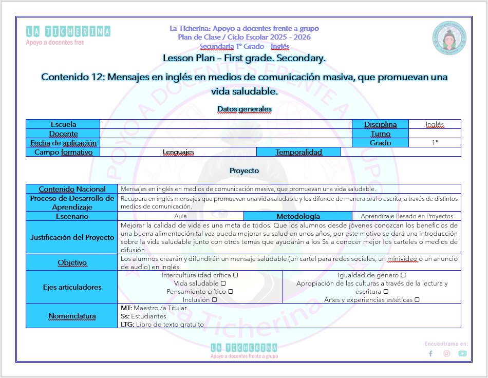 Planeación Inglés Contenido 12 / Vida saludable… / 1° de Secundaria Ciclo 2025 – 2026