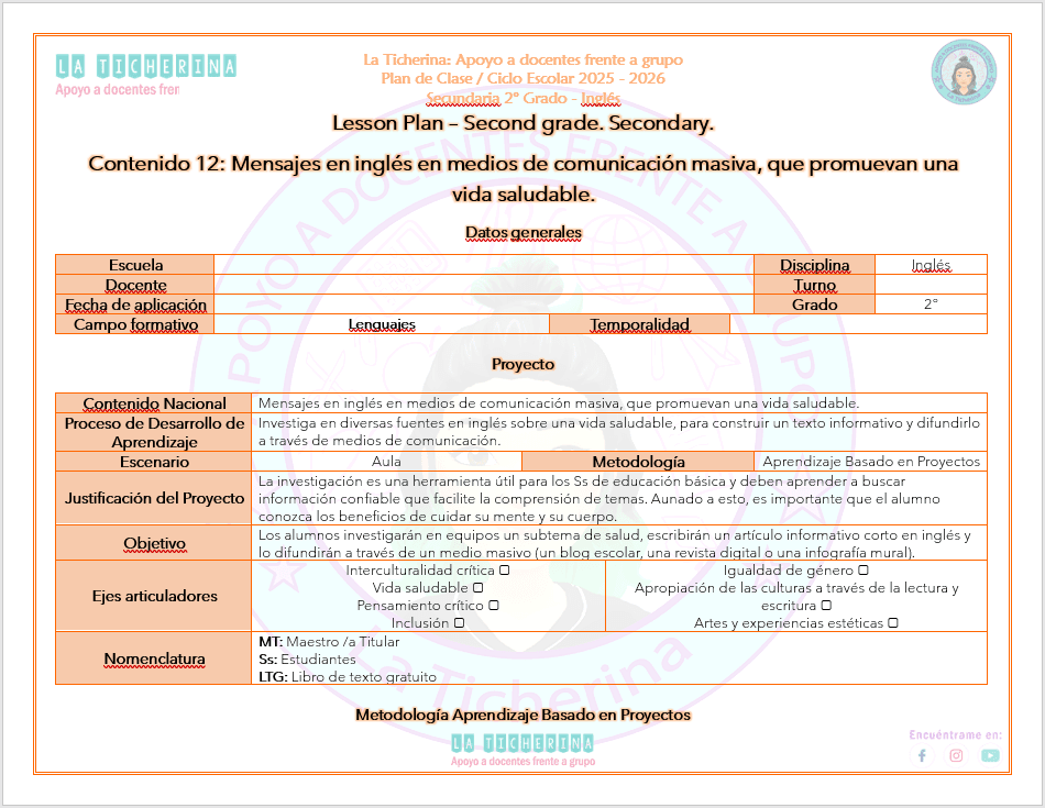 Planeación Inglés Contenido 12 / Vida saludable… / 2° de Secundaria Ciclo 2025 – 2026